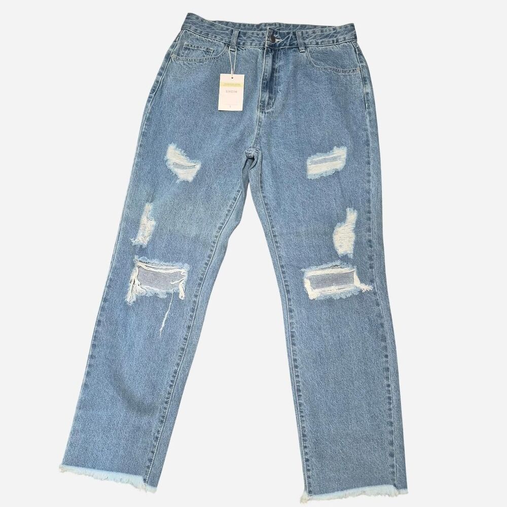 SHEIN Distressed Light Wash Raw-Hem Straight/Wide Jeans NWT Size US 8/10